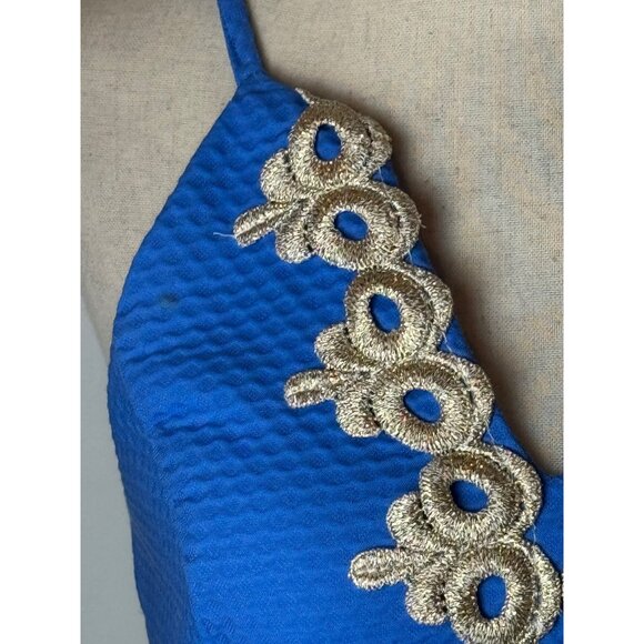 Lilly Pulitzer Dress Women 0 Blue Gold Embroidered Lace Pearl Sheath Mini Preppy - Picture 8 of 12